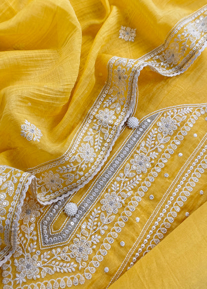 Yellow Lakhnavi Mulmul Suit With Dupatta