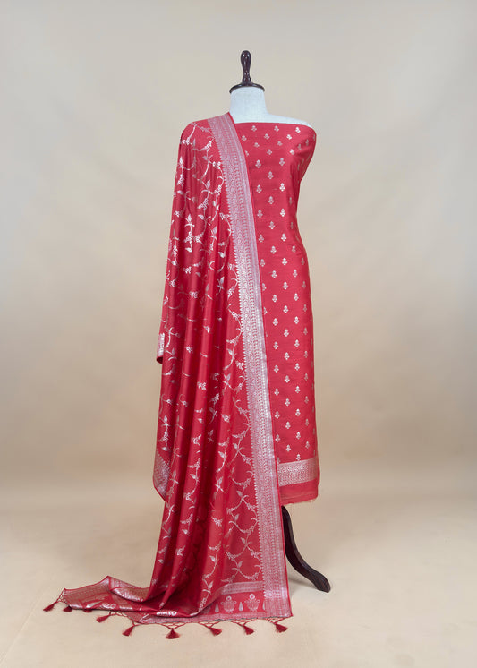Red Banarasi Suit In Mulberry Silk With Jacuard Weaving
