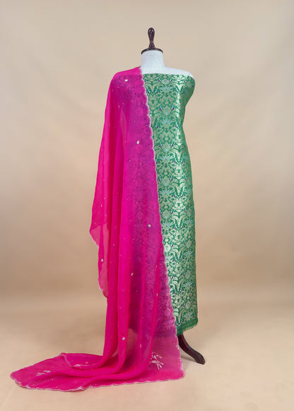 Emerald Green Brocade Silk Kurta And Contrast Organza Silk Dupatta With Handwork