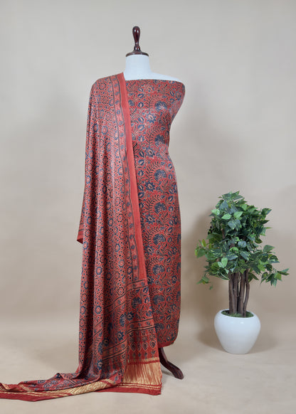 Blue Ajrakh  Hand block Unstitched Suit In pure Modaal