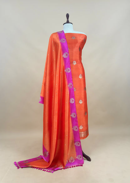 Orange Handwoven Unstitched Silk Suit With Zari Weaving