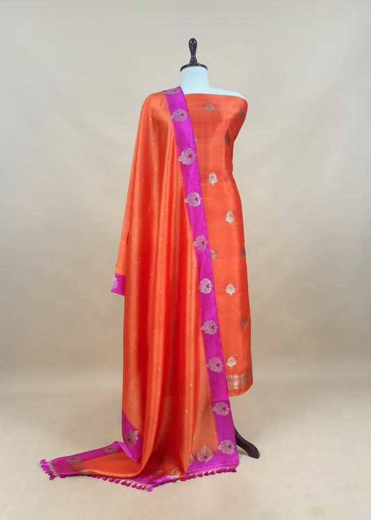 Orange Handwoven Unstitched Silk Suit With Zari Weaving