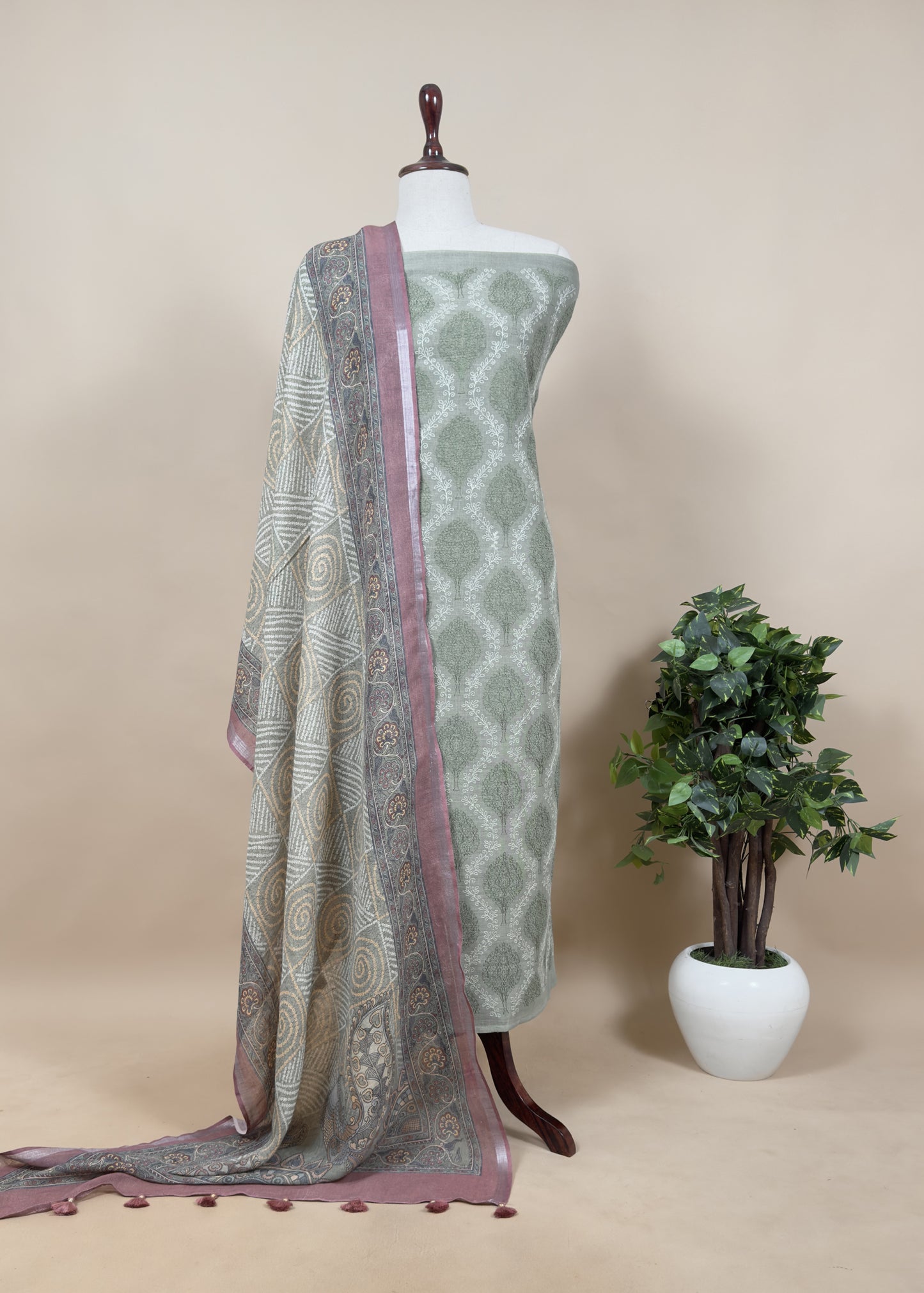 Brown Handloom Linen Suit With Kalamkari Dupatta