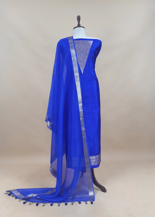 Blue Handloom Silk Suit With Zari Weaving