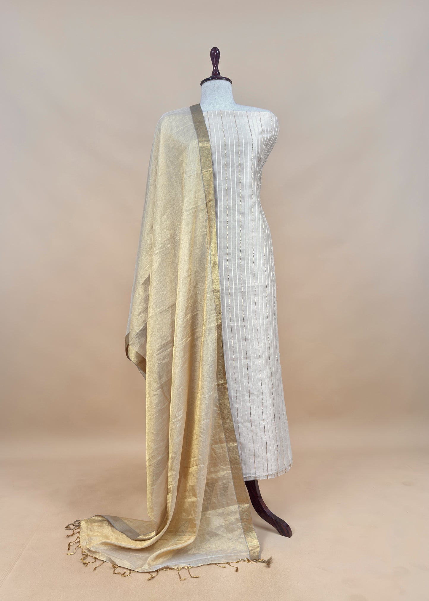 Beige Handloom Tissue Silk Suit With Silver Zari Weaves