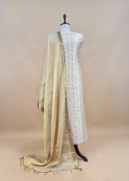 Beige Handloom Tissue Silk Suit With Silver Zari Weaves