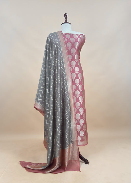 Sage Green and Peach Pink Pure Varanasi Silk Suit with Zari Weaving