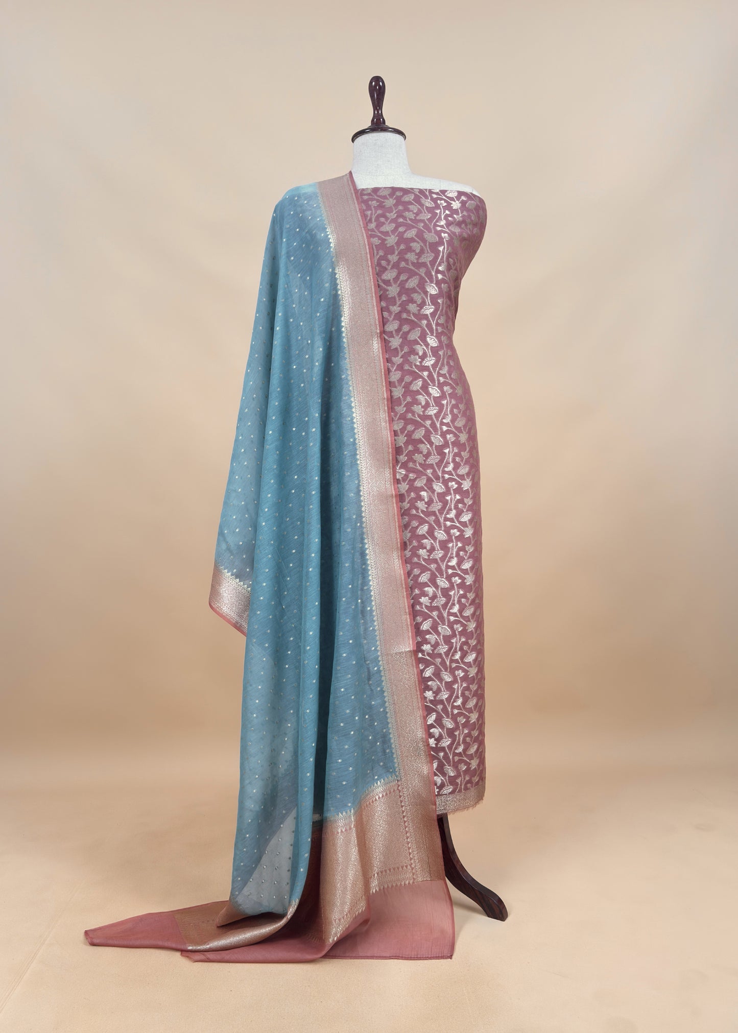 Turquoise and Mauve Taupe Pure Varanasi Silk Suit With Zari Weaving