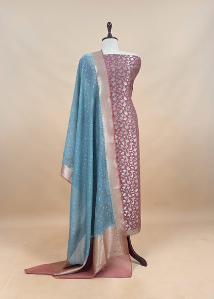 Turquoise and Mauve Taupe Pure Varanasi Silk Suit With Zari Weaving