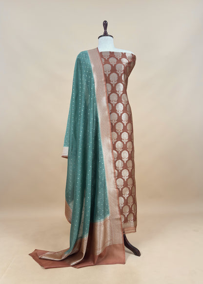 Pine Green and Rust Pure Varanasi Silk Suit with Zari Weaving