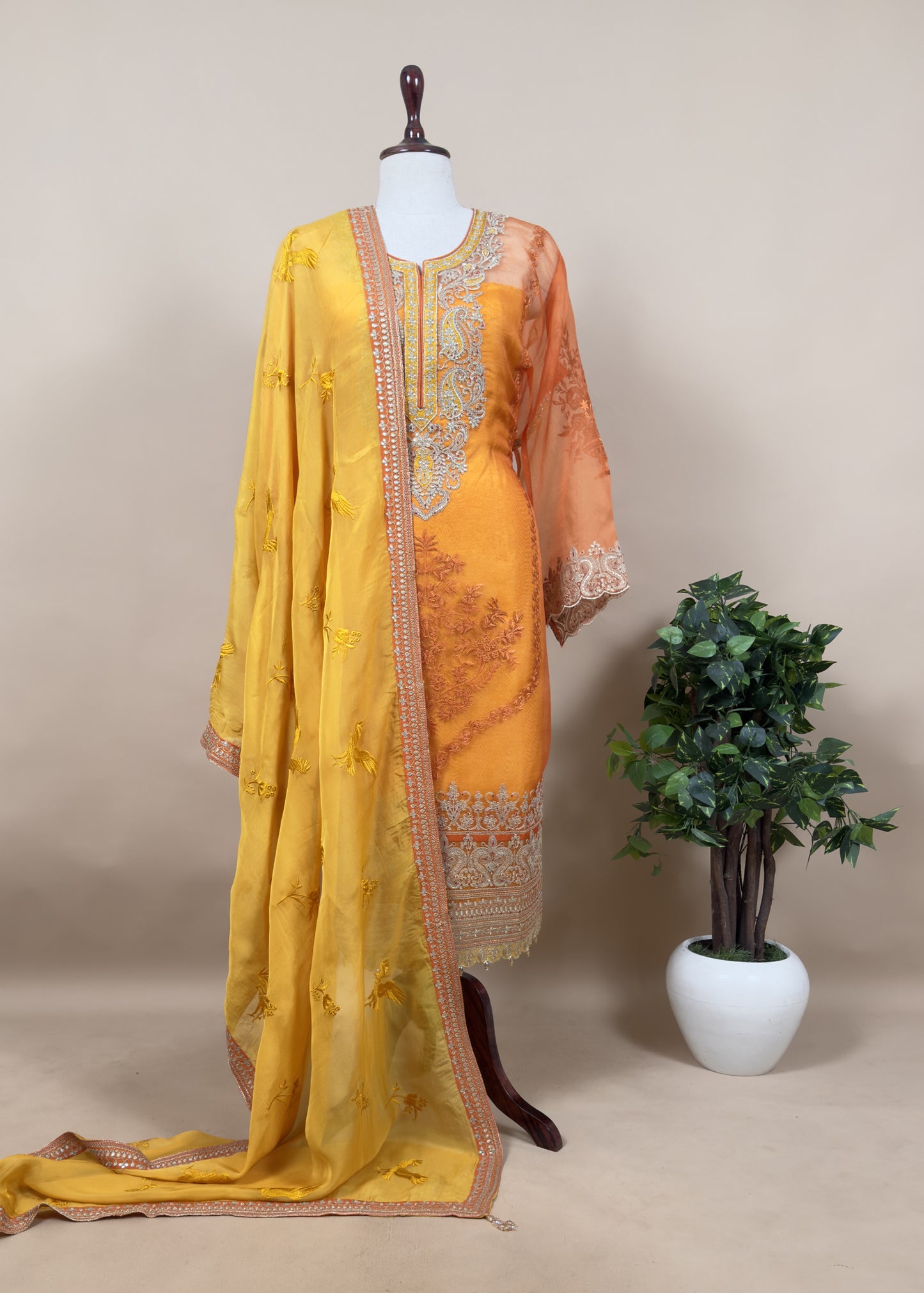 Orange Pure Organza Embroidered Silk Suit