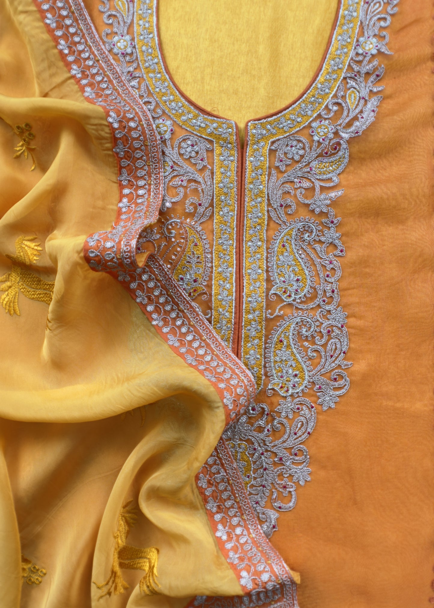 Orange Pure Organza Embroidered Silk Suit