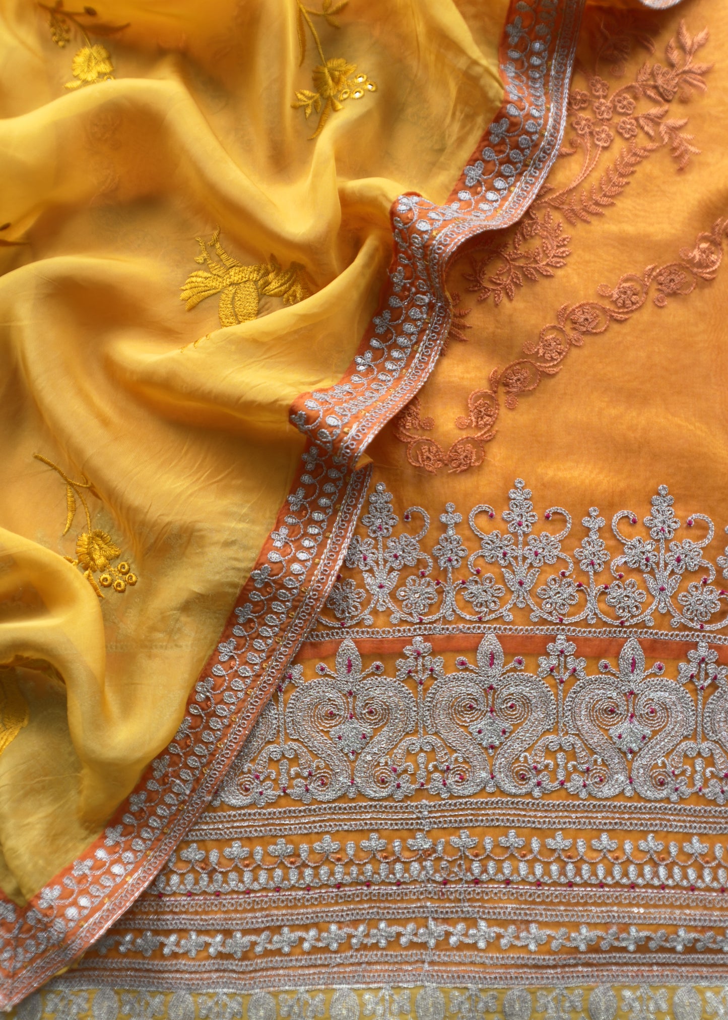 Orange Pure Organza Embroidered Silk Suit