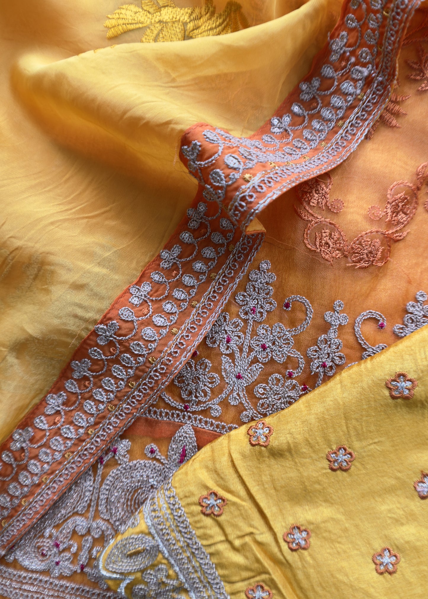 Orange Pure Organza Embroidered Silk Suit