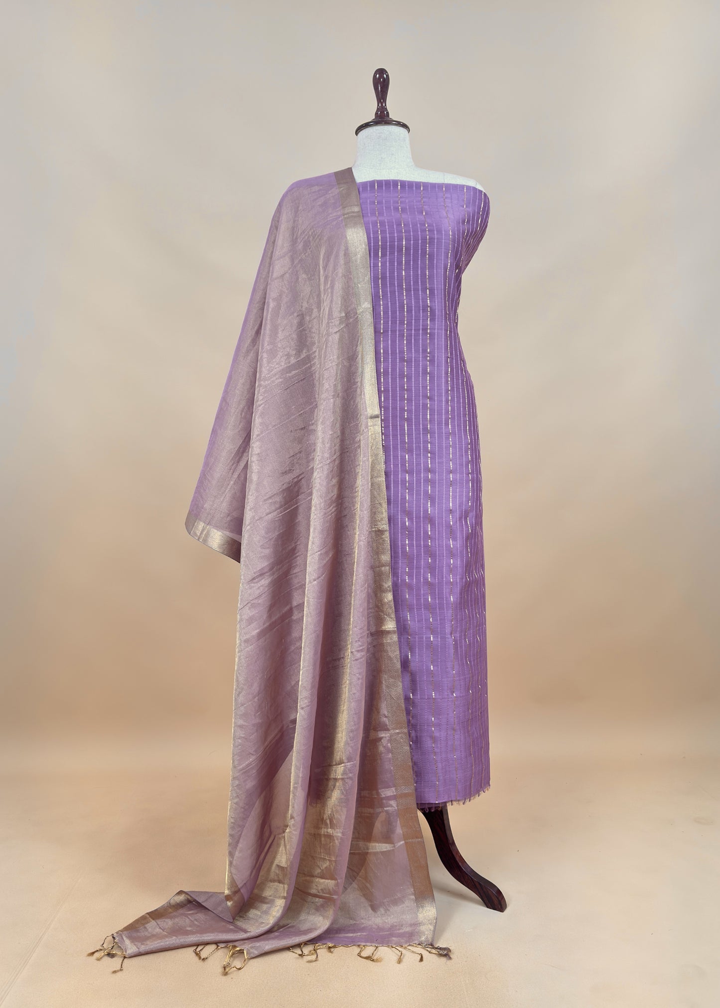 Beige Handloom Tissue Silk Suit With Silver Zari Weaves