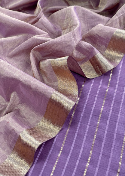 Purple Handloom Tissue Silk Suit With Silver Zari Weaves