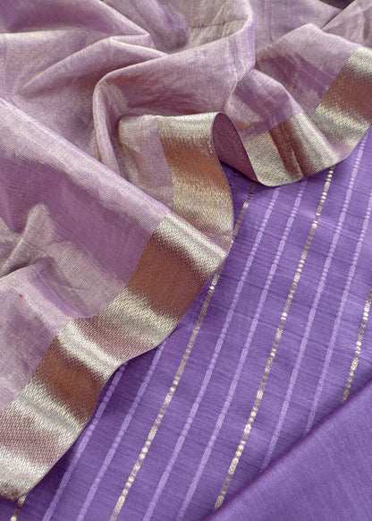 Purple Handloom Tissue Silk Suit With Silver Zari Weaves