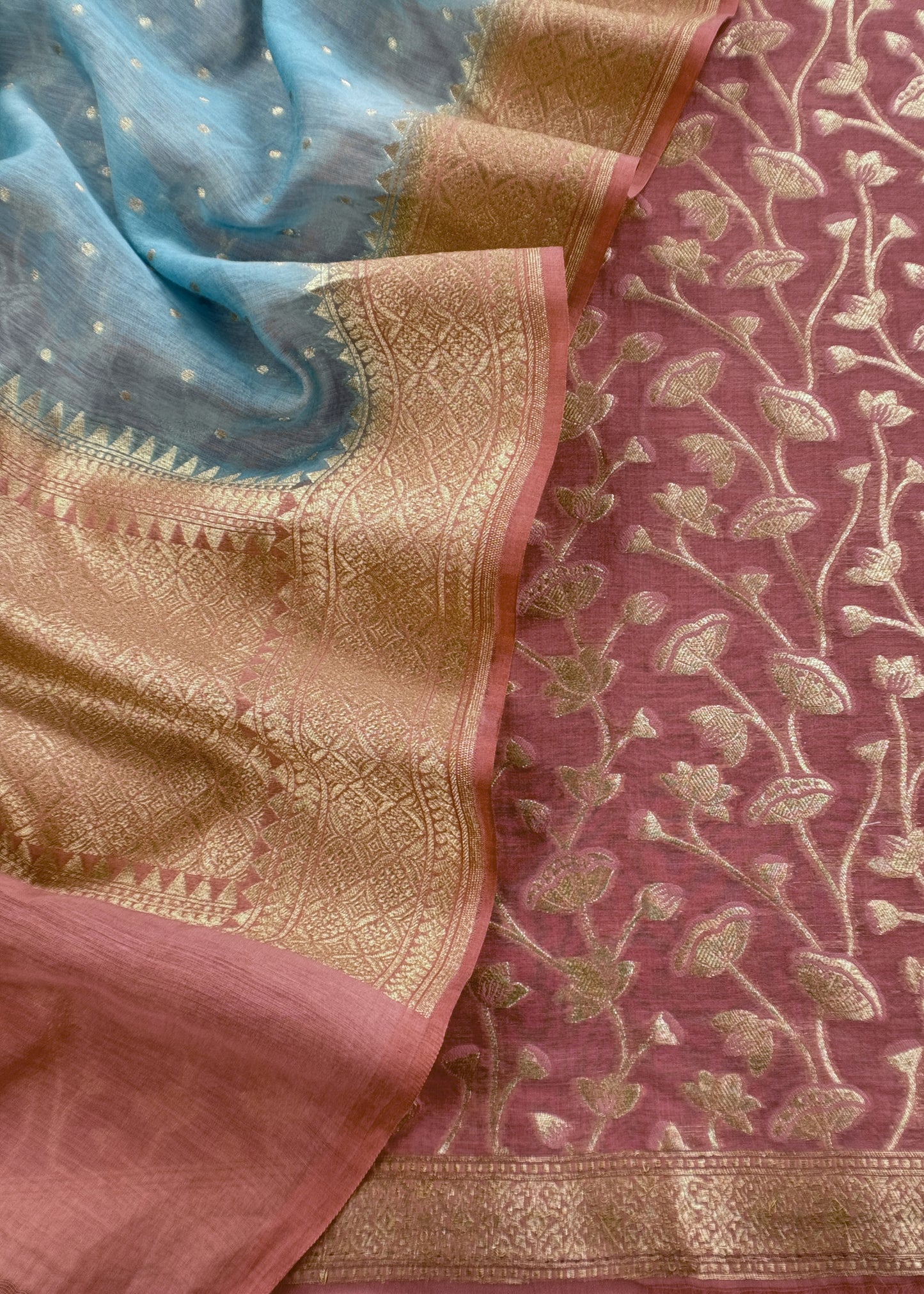 Turquoise and Mauve Taupe Pure Varanasi Silk Suit With Zari Weaving
