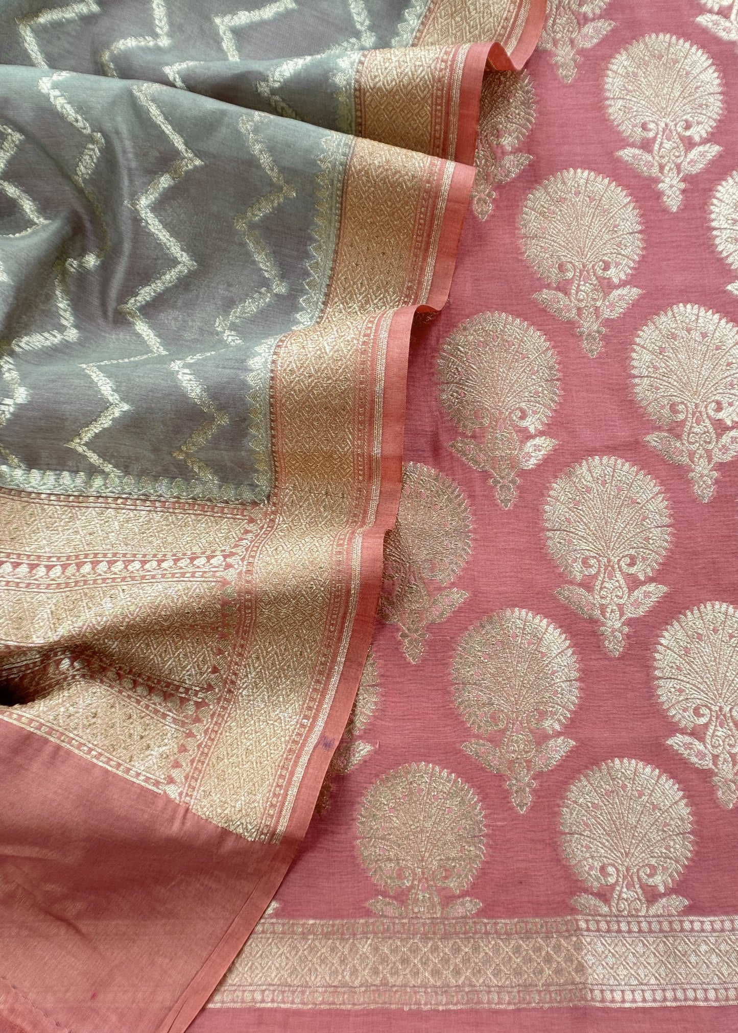 Sage Green and Peach Pink Pure Varanasi Silk Suit with Zari Weaving