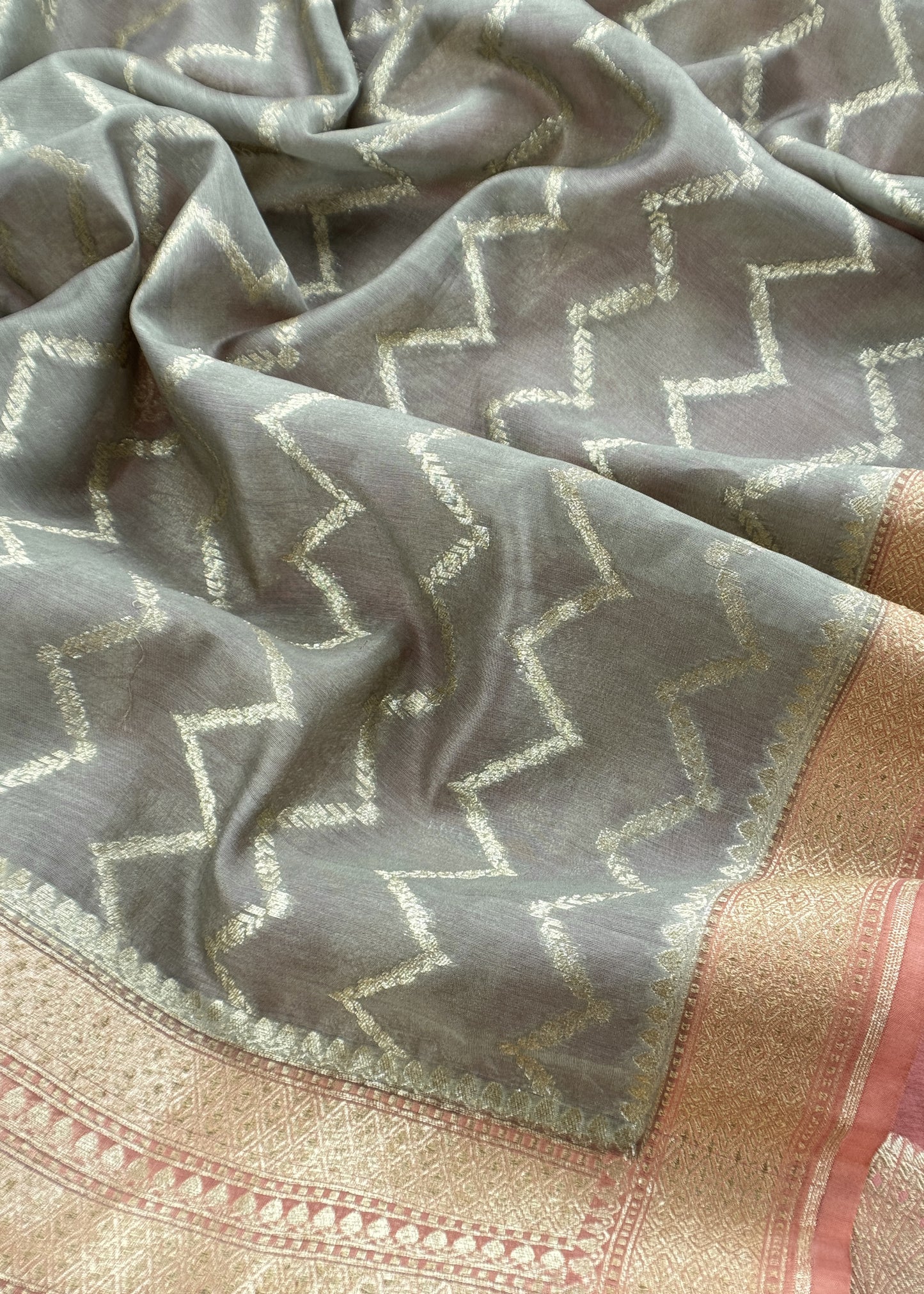 Sage Green and Peach Pink Pure Varanasi Silk Suit with Zari Weaving