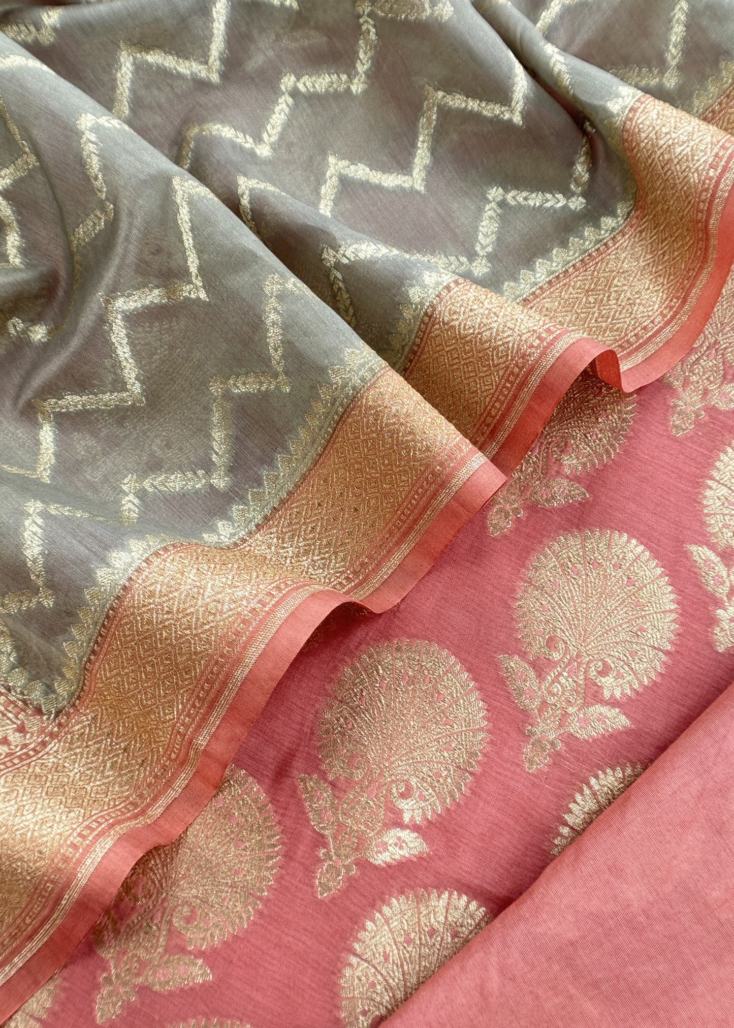 Sage Green and Peach Pink Pure Varanasi Silk Suit with Zari Weaving