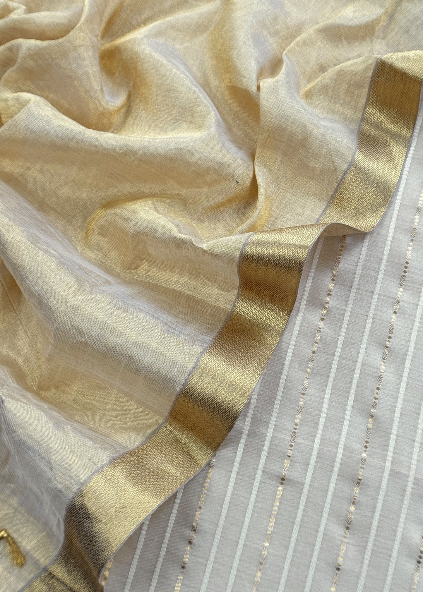 Beige Handloom Tissue Silk Suit With Silver Zari Weaves