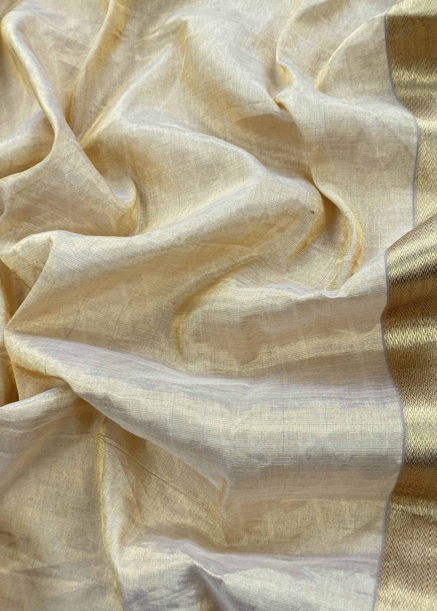 Beige Handloom Tissue Silk Suit With Silver Zari Weaves