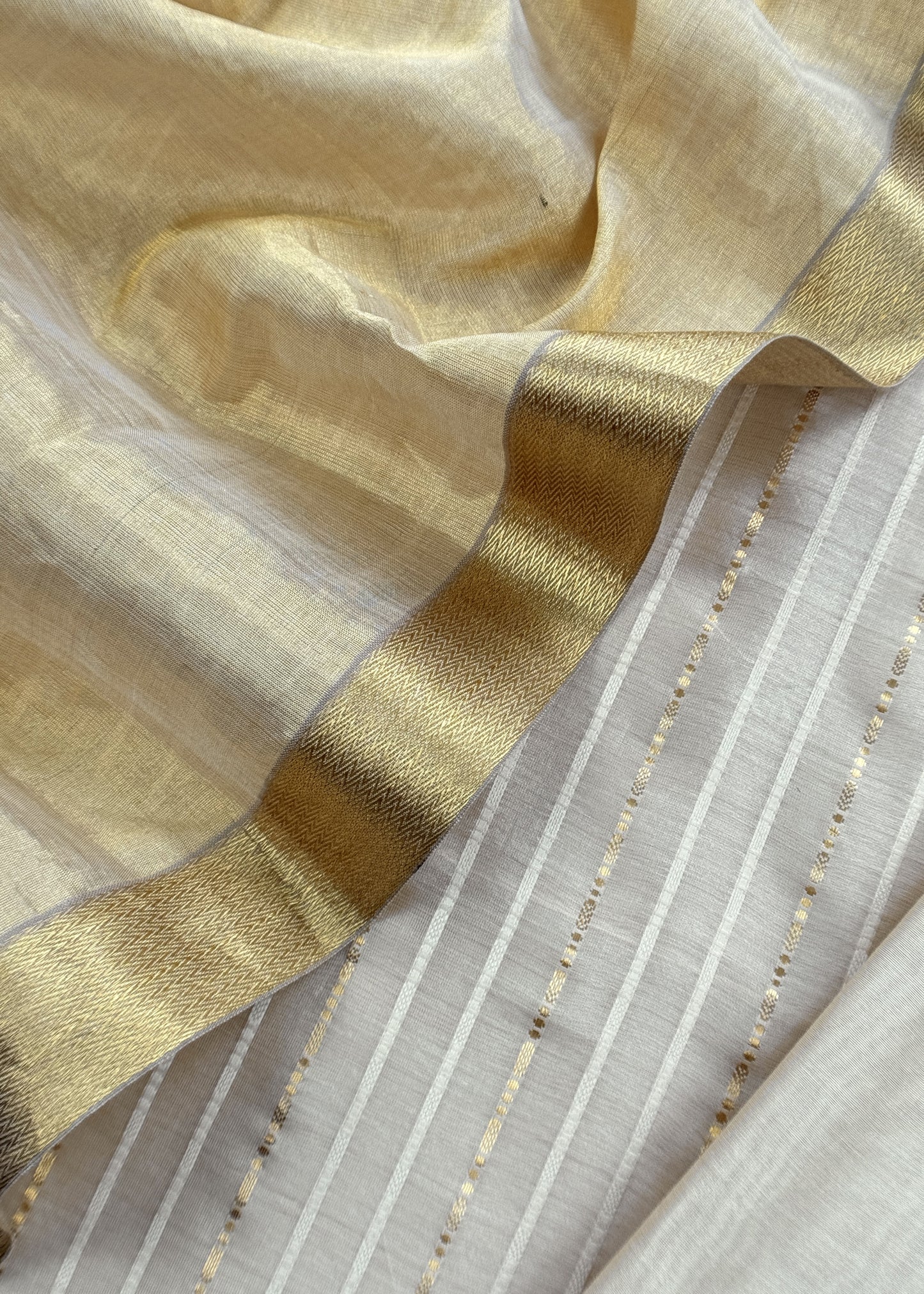Beige Handloom Tissue Silk Suit With Silver Zari Weaves