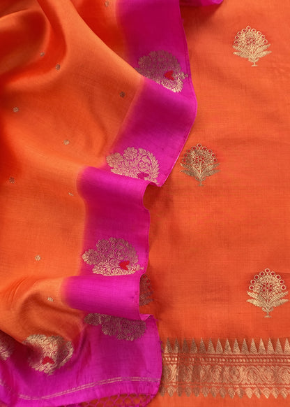 Orange Handwoven Unstitched Silk Suit With Zari Weaving