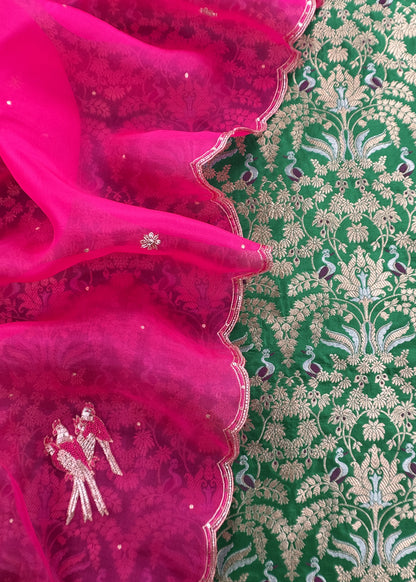 Emerald Green Brocade Silk Kurta And Contrast Organza Silk Dupatta With Handwork