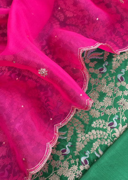 Emerald Green Brocade Silk Kurta And Contrast Organza Silk Dupatta With Handwork