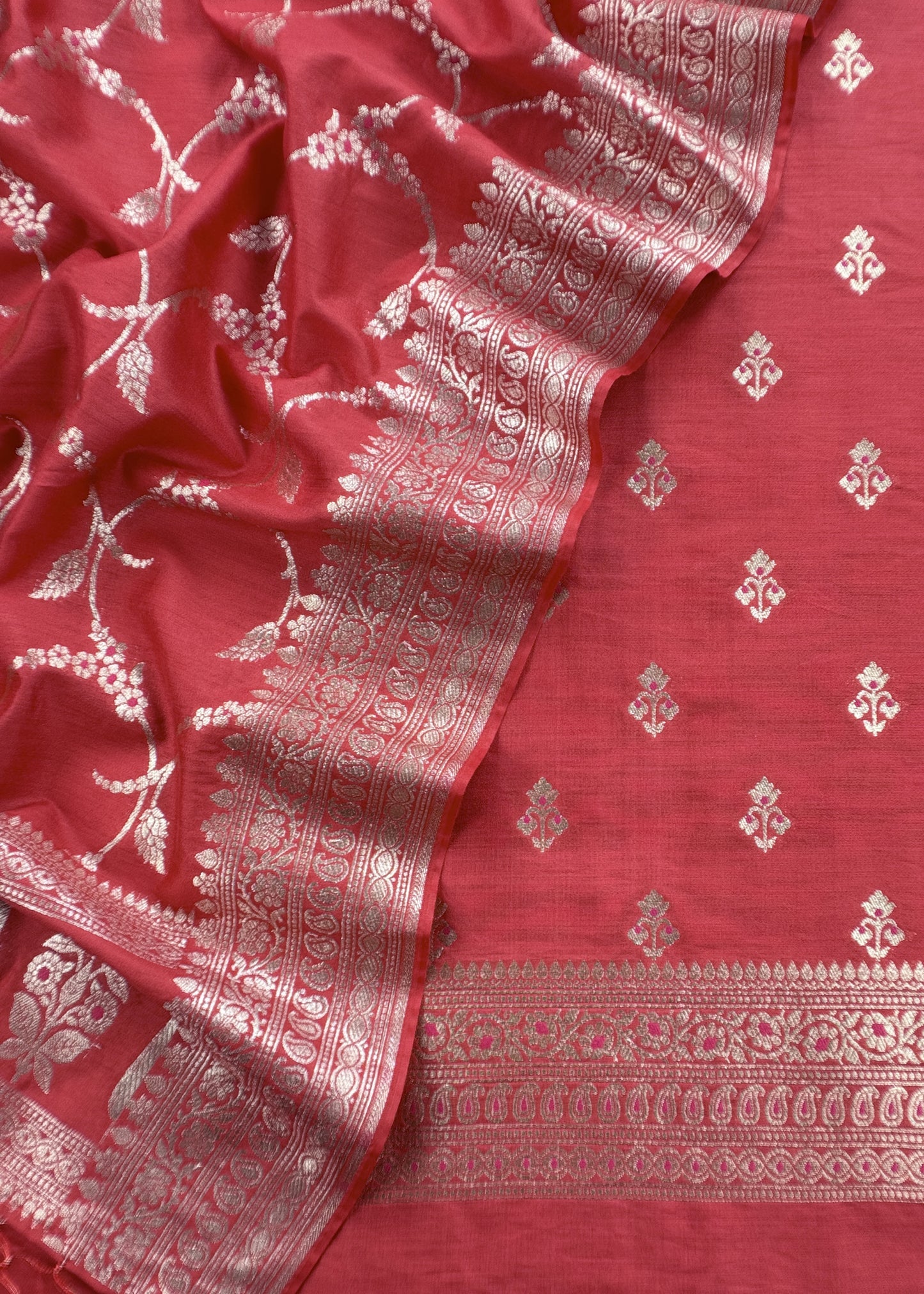 Red Banarasi Suit In Mulberry Silk With Jacuard Weaving