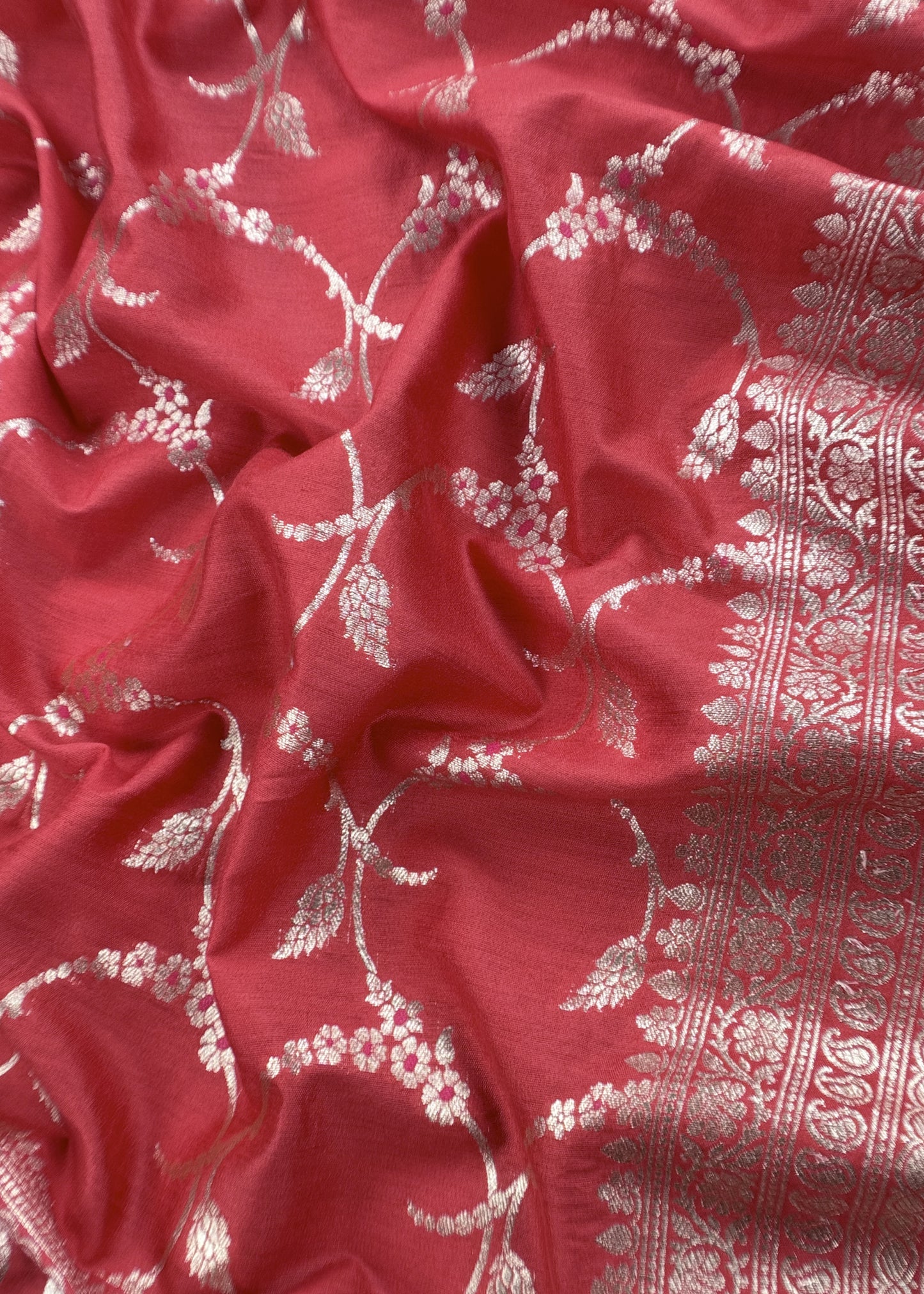 Red Banarasi Suit In Mulberry Silk With Jacuard Weaving