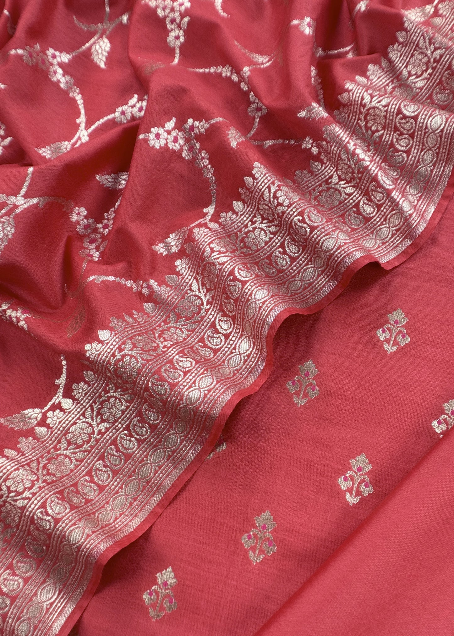 Red Banarasi Suit In Mulberry Silk With Jacuard Weaving