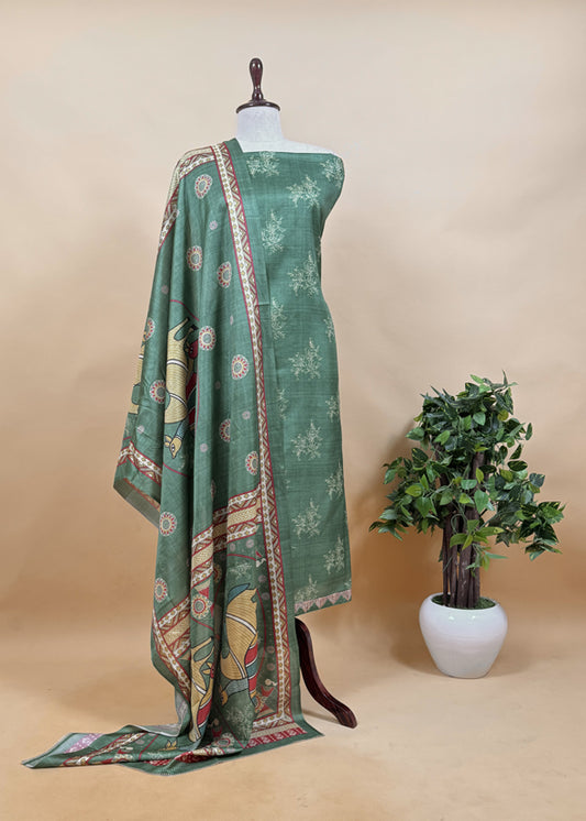 Green Digital Print Chanderi Suit Fabric