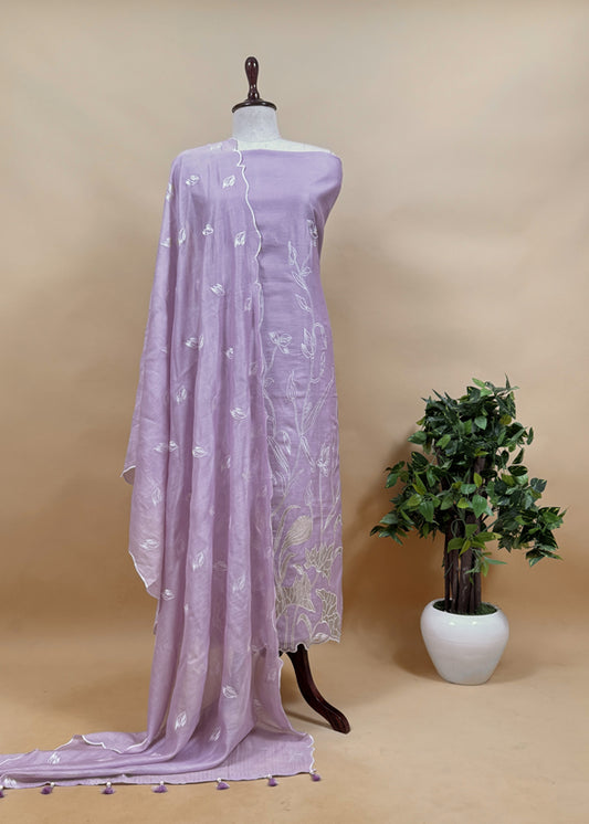 Lilac Pure Mulmul Suit Fabric With Gold Tissue Silk Appliqué Work