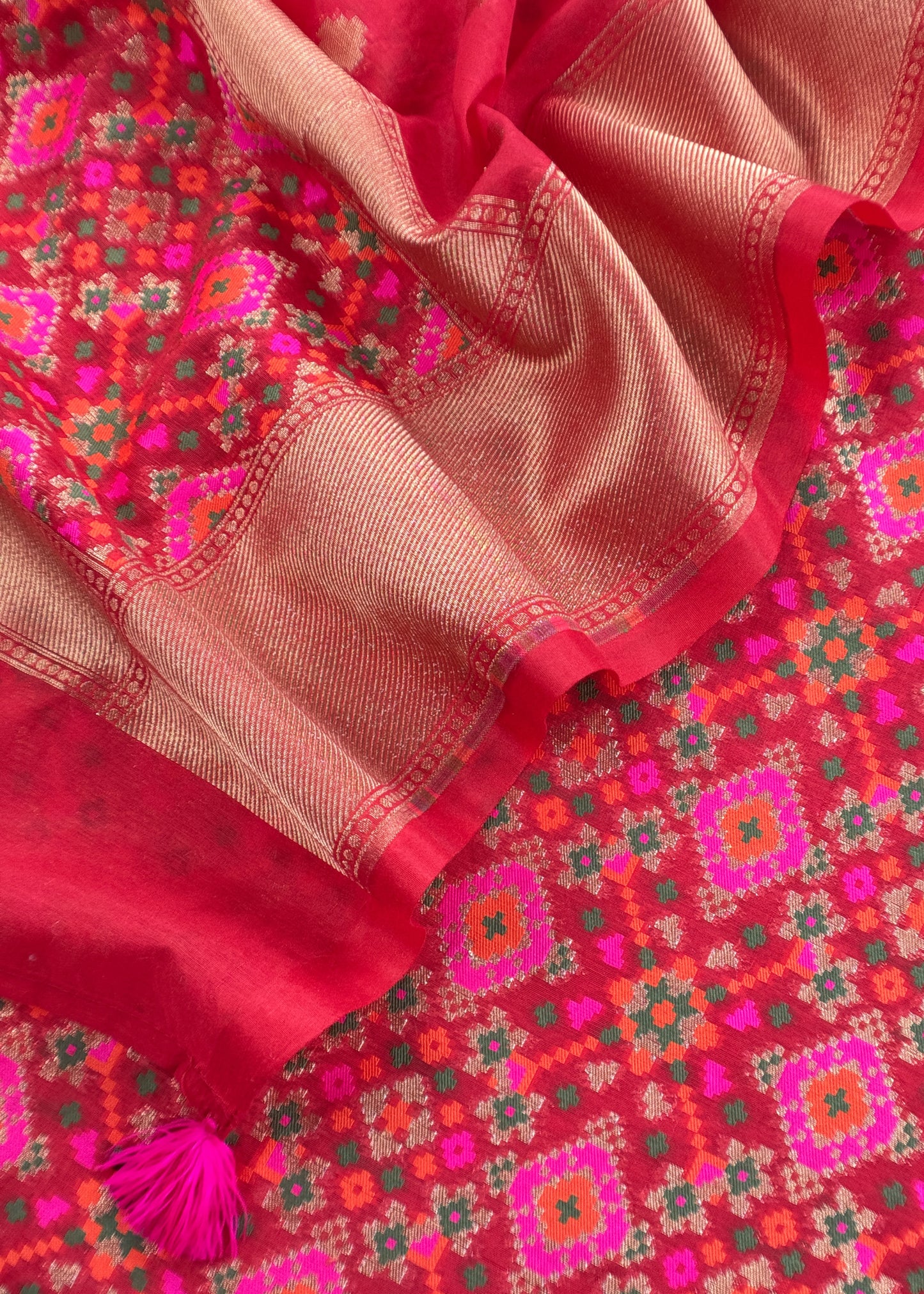 Red Handwoven Unstitched Patola Suit In Pure Cotton