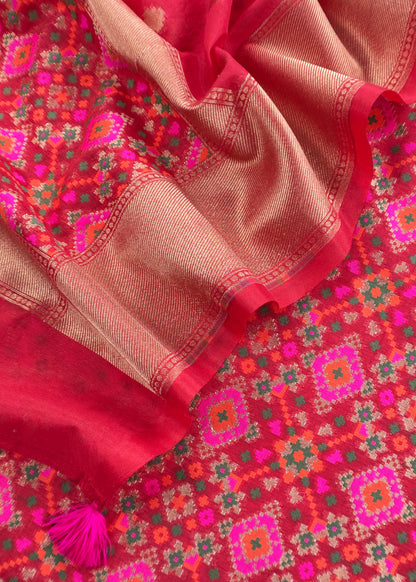 Red Handwoven Unstitched Patola Suit In Pure Cotton