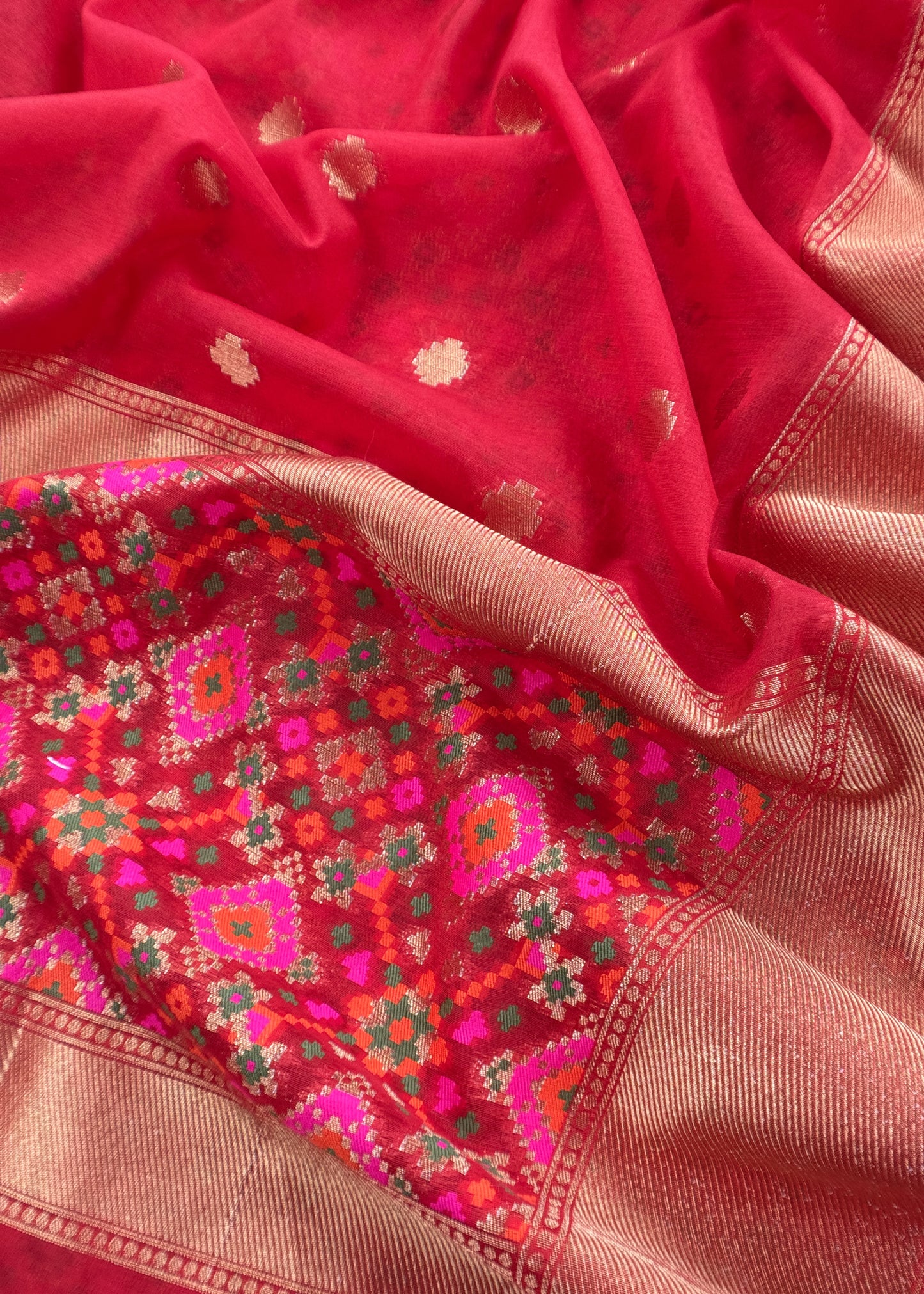 Red Handwoven Unstitched Patola Suit In Pure Cotton