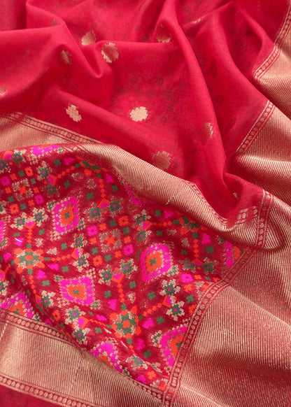 Red Handwoven Unstitched Patola Suit In Pure Cotton