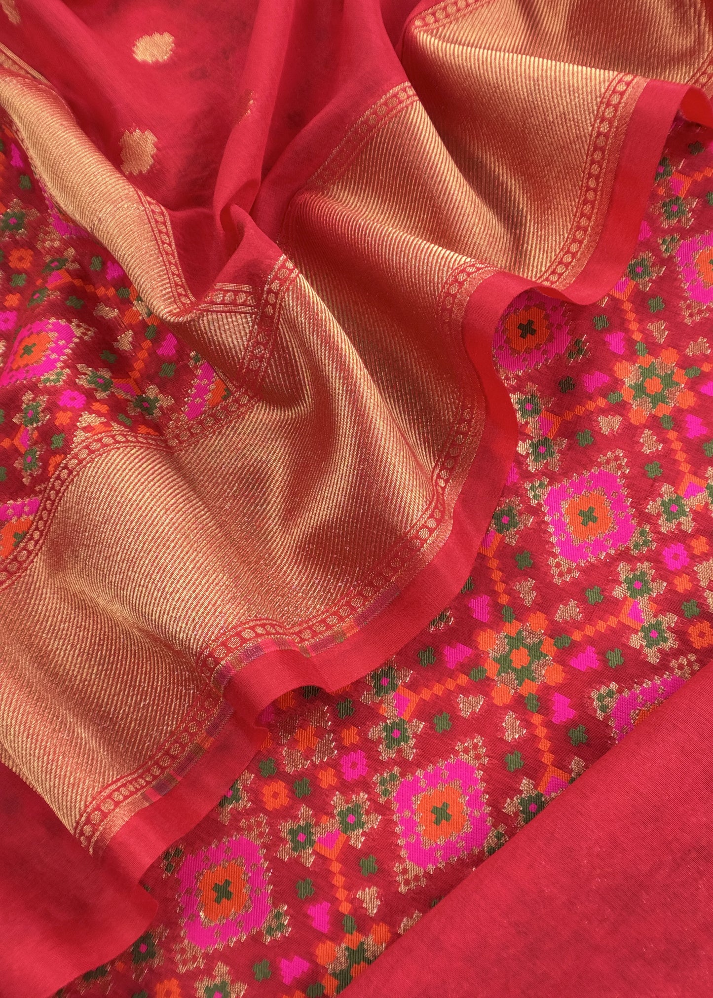 Red Handwoven Unstitched Patola Suit In Pure Cotton