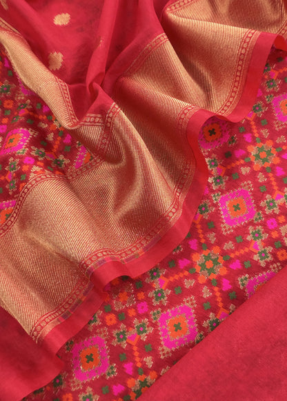 Red Handwoven Unstitched Patola Suit In Pure Cotton