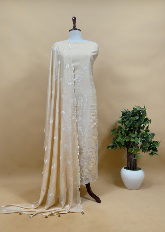 Butter Yellow Pure Mulmul Suit Fabric With Gold Tissue Silk Appliqué Work
