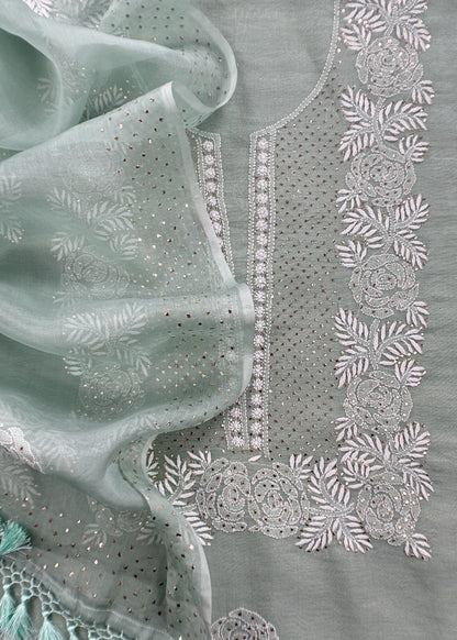 Pastel Green Lakhnavi Tissue Silk Suit Fabric With Chikan Embroidery