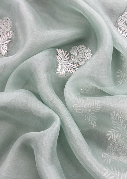 Pastel Green Lakhnavi Tissue Silk Suit Fabric With Chikan Embroidery