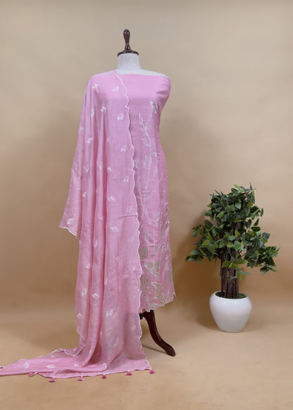 Taffy Pink Pure Mulmul Suit Fabric With Gold Tissue Silk Appliqué Work