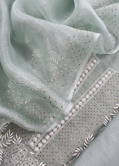 Pastel Green Lakhnavi Tissue Silk Suit Fabric With Chikan Embroidery