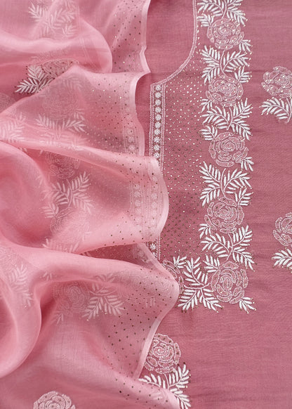Baby Pink Lakhnavi Tissue Silk Suit Fabric With Chikan Embroidery
