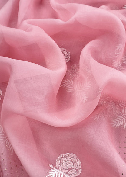 Baby Pink Lakhnavi Tissue Silk Suit Fabric With Chikan Embroidery
