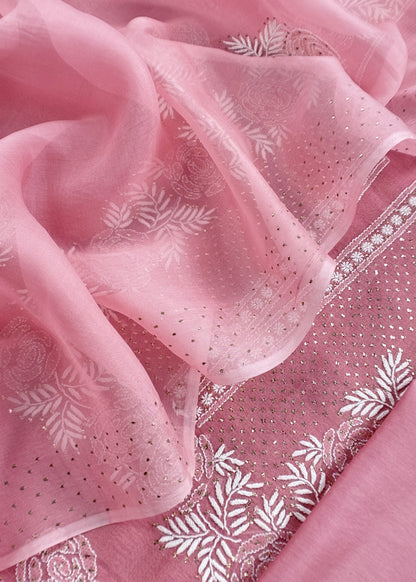 Baby Pink Lakhnavi Tissue Silk Suit Fabric With Chikan Embroidery
